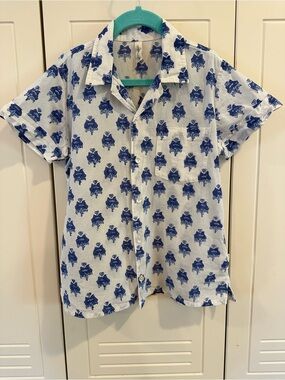 Anokhi White Short Sleeve Button-Up Shirt with Blue Batik Print | Kids 4-5